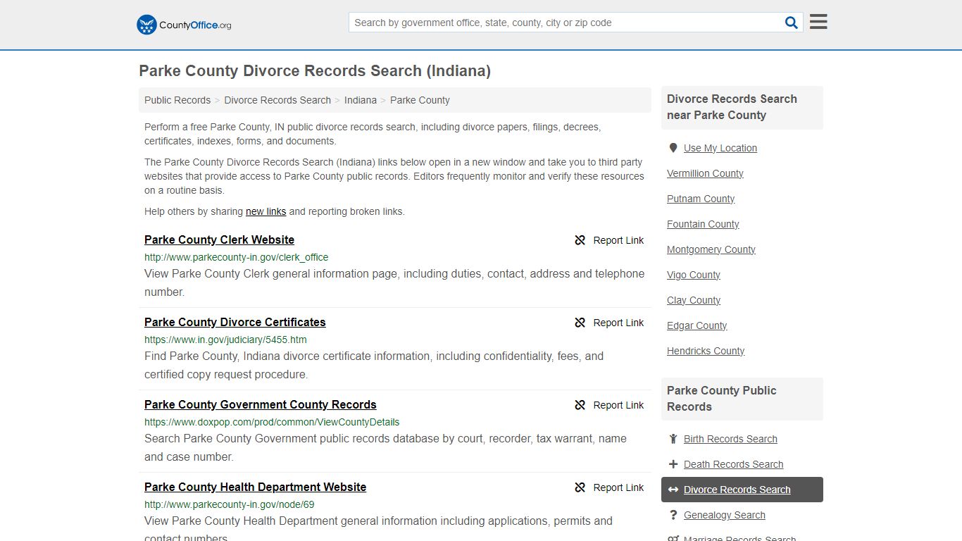 Parke County Divorce Records Search (Indiana) - County Office